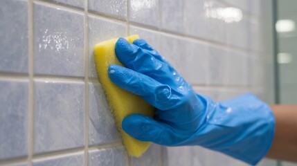 Bright and Fresh Bathroom Cleaning with a Scrubbing Sponge on Tiles and Mirror Reflection