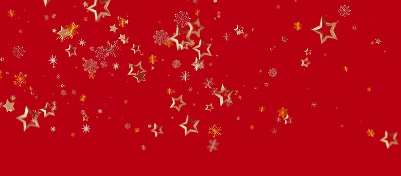 Festive red background with floating gold stars and snowflakes ideal for holiday greetings or Christmas designs. Perfect for cards or - Powered by Adobe