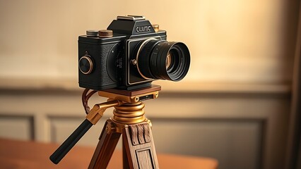 Classic vintage camera on wooden tripod with brass and leather details, placed on a rustic table in warm light.