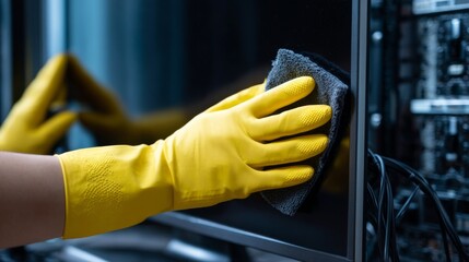 Person in Yellow Gloves Cleaning Computer Monitor and Cables for Optimal Work Environment