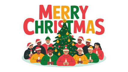 Christmas Greetings and Festive Gathering: A vibrant holiday illustration features a merry Merry Christmas message, surrounded by diverse individuals gathering together.