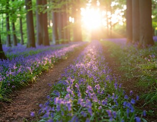 Obraz premium Path Through A Bluebell Forest Illuminated By Golden Sunlight In Early Morning With Tall Trees And Soft Shadows