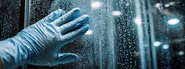 Gloved Hands Cleaning Glass Shower Cabin for Wellness and Hygiene in Modern Bathroom Environment