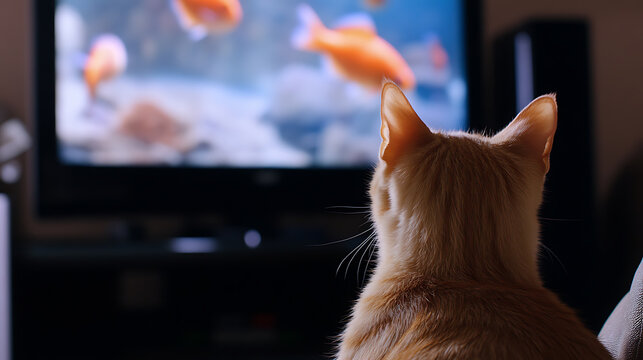 An orange tabby cat intently watches a television screen displaying swimming goldfish. The cat's ears are perked, and its gaze is fixed on the screen, mesmerized by the aquatic scene.