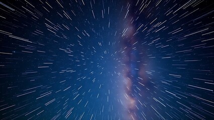 Star trails converging into a radiant point, piercing through the Milky Way in long exposure.