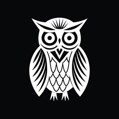 Stylized white owl vector illustration with ornamental body feathers created from geometric shapes. Isolated monochrome graphic of a bird of prey on a black background