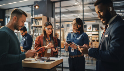 Diverse customers and sales staff engaging with smartphones in a brightly lit modern retail environment, showcasing technology, shopping, and connection.