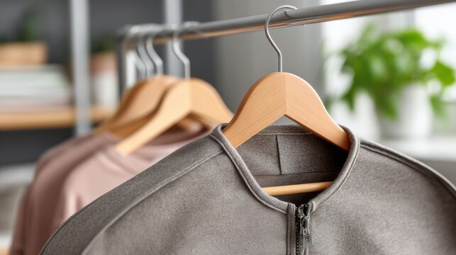 Grey garment hanging on a wooden hanger in a domestic setting