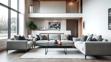 Minimalist living room with sofa and coffee table, soft natural light from large window.