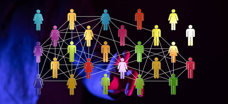 Concept of global communication and human connections using a network of figures and a hand as the main point