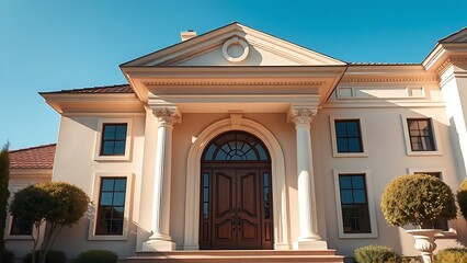 Elegant doorway of a luxury home, architectural detail, blue sky background.