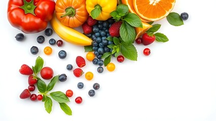Colorful fruits and vegetables arranged neatly on a white surface.