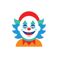 Vector illustration of a cheerful clown face with blue hair, red nose, and a friendly smile, perfect for entertainment and party themes