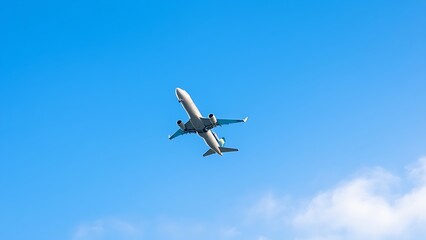 Airplane ascending into a clear blue sky with soft clouds.