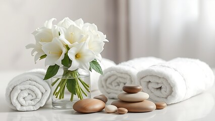 Elegant spa arrangement with white flowers and rolled towels.