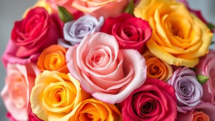Vibrant bouquet of colorful roses against a soft floral background.