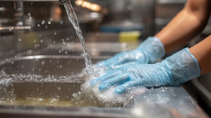 Hands in Blue Gloves Scrubbing a Stainless Steel Sink with Water Flowing in a Restaurant Kitchen Setting