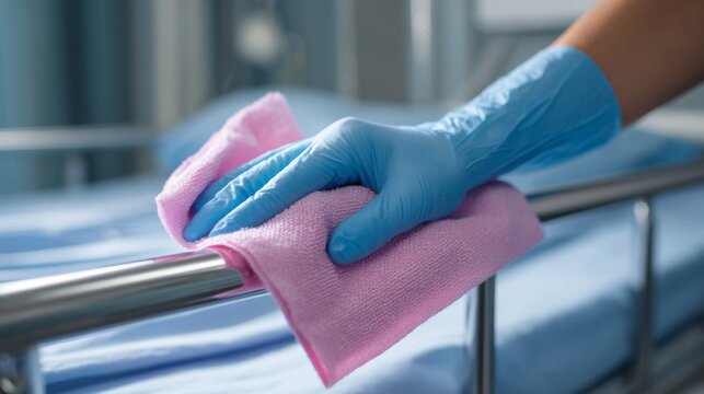Hospital Staff Member Wiping Down Hospital Bed Rail with Disinfectant Using Gloved Hand for Cleanliness and Safety