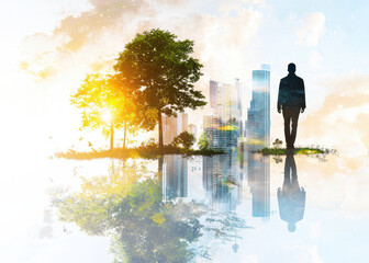 Serene silhouette of person walking through vibrant landscape with trees and modern skyscrapers reflecting water, evoking tranquility