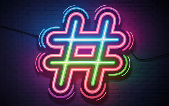 Neon Hashtag: A vibrant and illuminated hashtag glows against a dark backdrop, symbolizing the modern digital age, connection, and online communities.