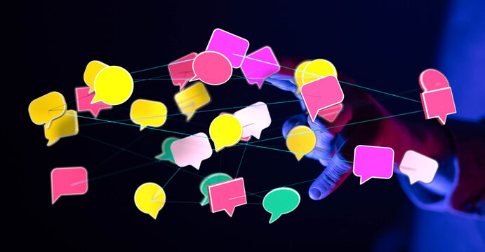 Abstract visualization of online conversation and social networking with interconnected message bubbles. Concep