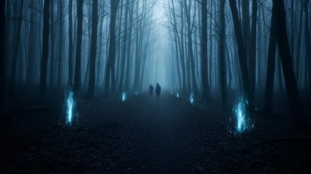 Two people walk through a misty, dark forest path illuminated by glowing blue light orbs, mystic winter pagan ritual