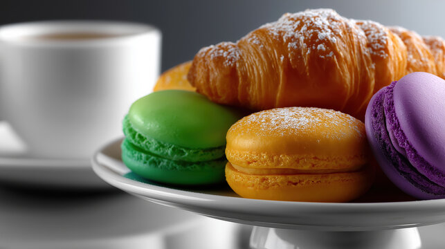 Delicious pastries and macarons served with a warm cup of coffee - Powered by Adobe