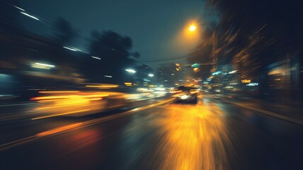 Dynamic blurry city street scene at night with moving cars, glowing headlights, colorful neon lights, high-rise buildings, and a sense of fast urban motion