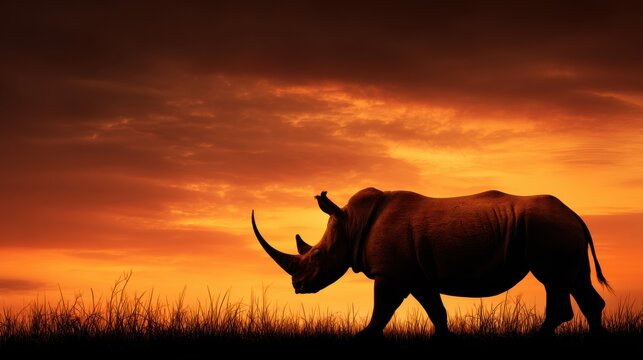 Rhinoceros Silhouette at Sunset - Powered by Adobe