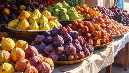 A vibrant display of assorted fruits arranged in tiers, showcasing a colorful variety on a sunlit market stall