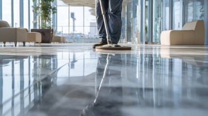 Janitor Polishing Newly Completed Marble Floor in Modern Lobby of Sleek Commercial Building