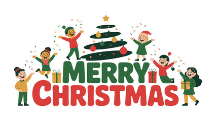 Joyful Christmas Celebration: Illustrative image of kids celebrating a Christmas scene, the image exudes joy and festive spirit. The vibrant illustration features children, presents.