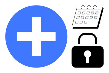 Blue medical cross, calendar representing scheduling, and padlock for data security. Ideal for healthcare, planning, privacy, security, health management, organization simple flat metaphor