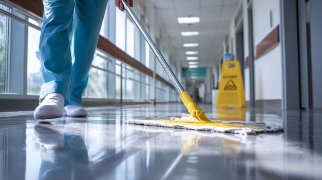 Janitor Wiping Floor in Hospital Corridor Near Nurse Station with Caution Sign for Safety Awareness