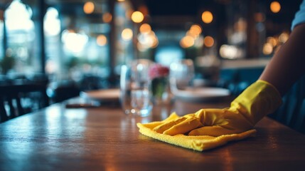 Clean Dining Table Preparation in Restaurant with Vibrant Ambiance and Attention to Detail for Guests