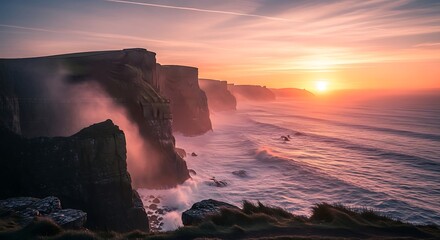 Experience the magic of a vibrant sunset over the rugged Irish cliffs. Perfect for travel blogs, coastal adventures, or serene landscapes, evoking tranquility and wanderlust.