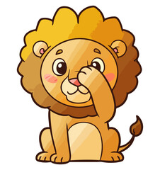 Playful cartoon lion cub peeking through its paw with a shy expression