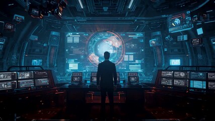 Businessman in suit standing in dark command center facing large glowing world map screen - Powered by Adobe