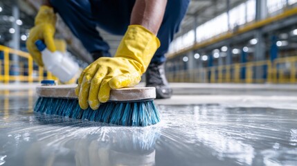 Worker Scrubbing Factory Floor with Safety Gloves and Cleaning Equipment in Industrial Setting