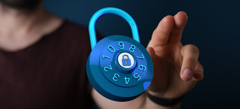 Hand reaching towards a digital padlock, symbolizing online security and protection of confidential data. Repre