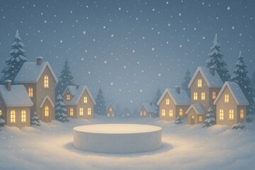 Fototapeta premium Festive Winter Christmas Podium Mockup in Snowy Village Scene with Cozy Homes