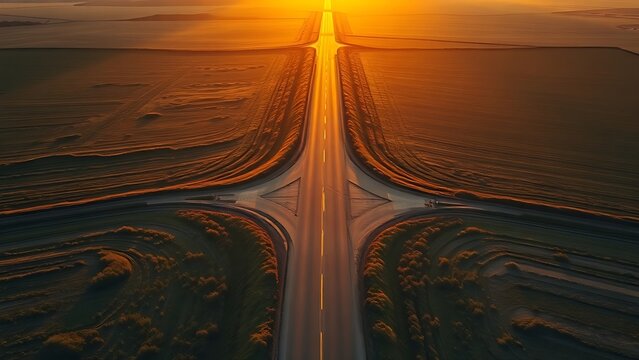 divergence. Aerial view of a forked road in the countryside during golden hour, highlighting path divergence. travel magazines, destination branding, designed for travel destination branding.