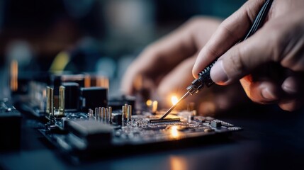 Hand of technician using soldering iron on electronic circuit board