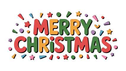 Festive Christmas Typography: A vibrant Merry Christmas message with colorful, cheerful, star and confetti illustrations. A design to evoke holiday joy and celebration.