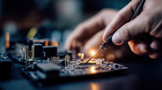 Hand of technician using soldering iron on electronic circuit board