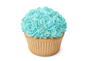 Cupcake with blue rose frosting and sprinkles on transparent background