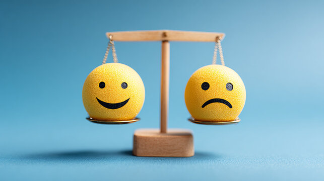 happy and sad smiley face emojis on a balance scale - on a blue background.	