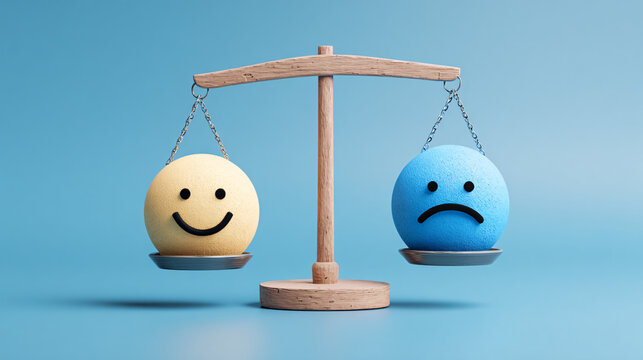 happy and sad smiley face emojis on a balance scale - on a blue background.	 - Powered by Adobe