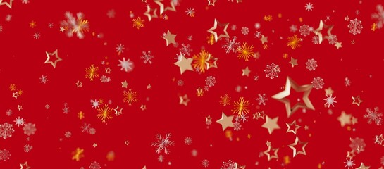 Christmas background with gold stars and snowflakes on a red backdrop, perfect for holiday greetings and festive designs. Evokes feel © vegefox.com