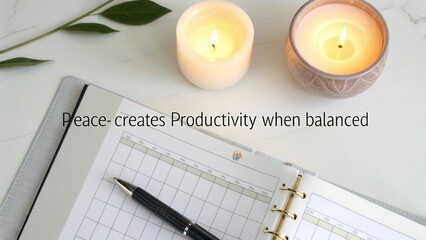 A planner and pen on a clean desk next to burning candles